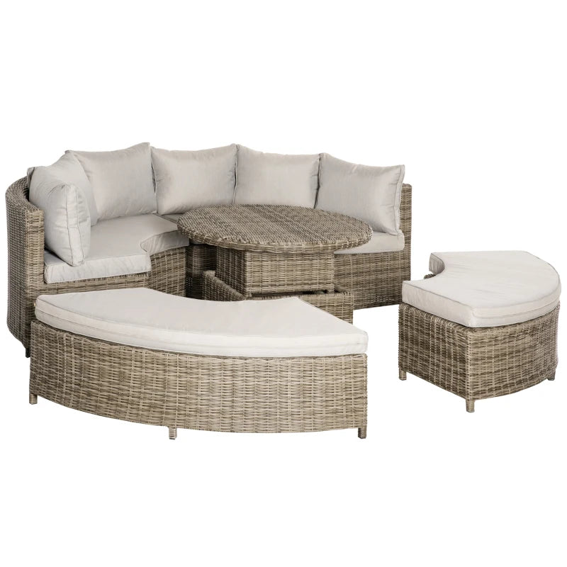 Grey 5 Piece Rattan Daybed with Cushions & Liftable Coffee Table + Protective Cover