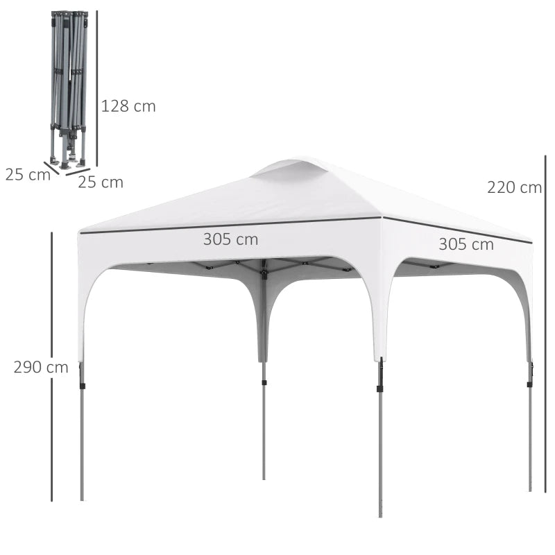 3m x 3m White Pop Up Gazebo, with Wheels and 4 Leg Weight Bags - Height Adjustable