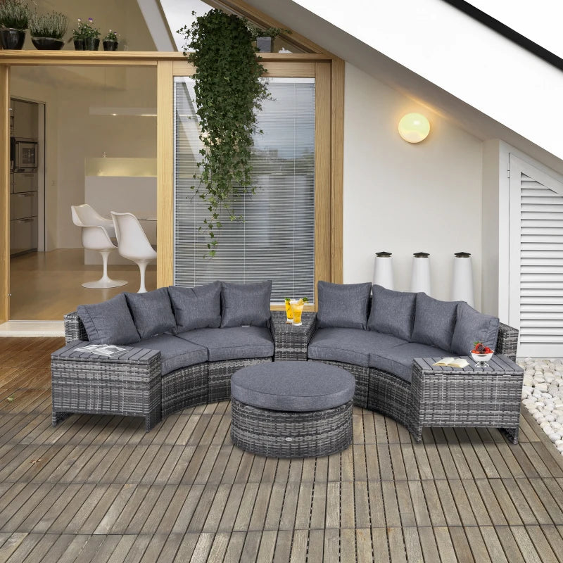 8 Piece Grey Half Round Rattan Sofa Set With 1 Umbrella Hole, Side Table and 2 Storage Tables