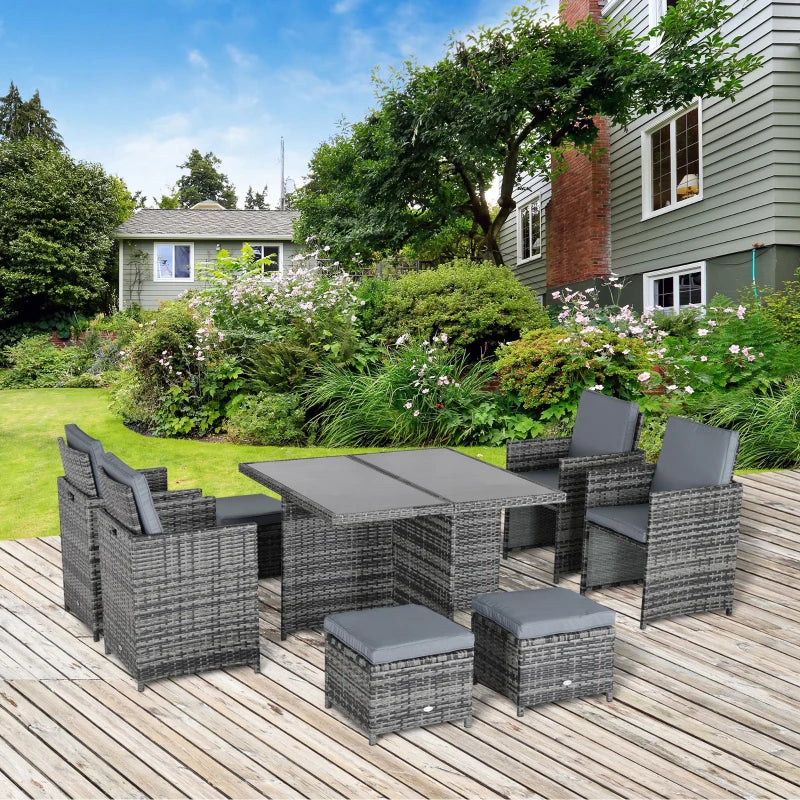 9 Piece Rattan Dining Set With Stylish Black Tempered Glass Table Top