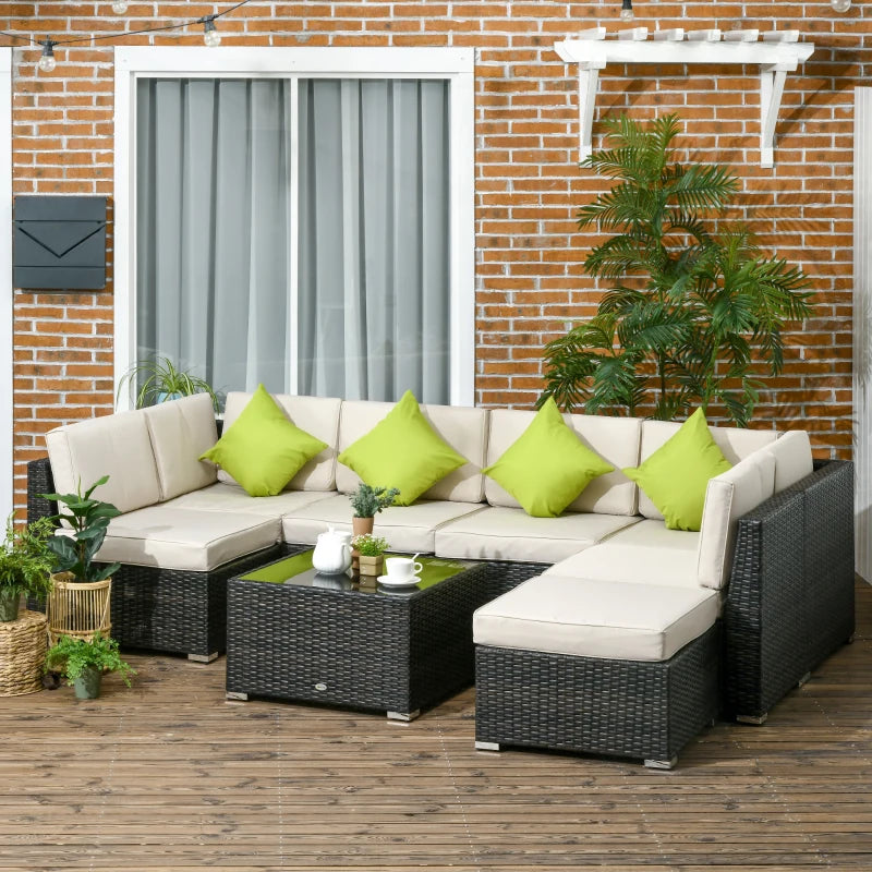 Brown 7-Seater Rattan Corner Sofa Set, Garden Furniture Set & Tempered Glass Table