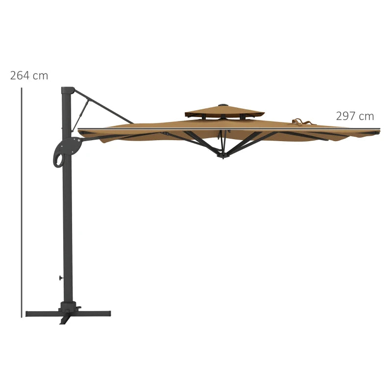 Khaki 3m Cantilever Parasol with Hydraulic Mechanism - Dual Vented