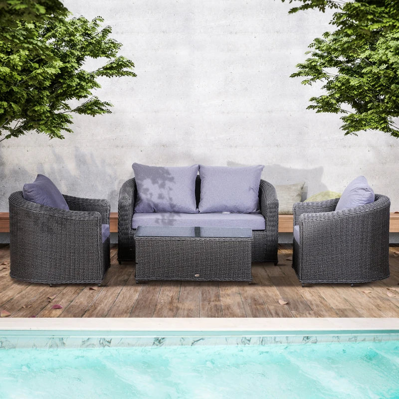 Grey Round Rattan Garden Furniture Set with Armchair, Loveseat & Glass Top Coffee Table