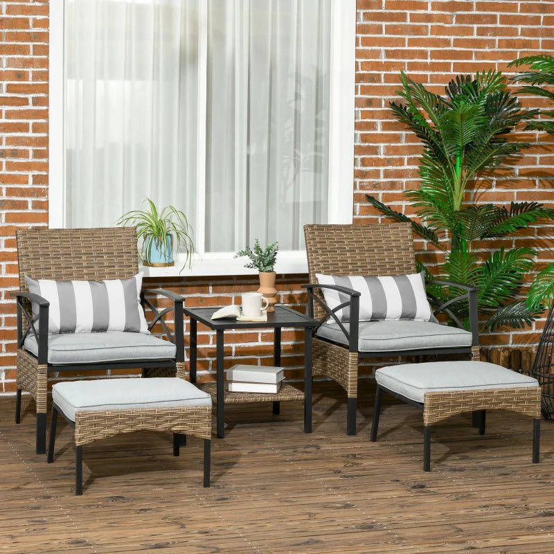5 Piece Rattan Bistro Set With Footrests & Padded Outdoor Seating
