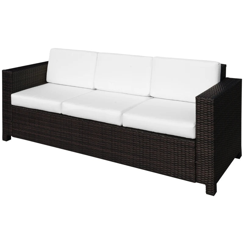 Dark Brown 3 Seater Rattan Sofa With White Cushions