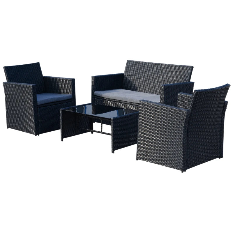 Black 4 Piece Rattan Furniture Set with Grey Cushions, 2 Armchairs and Dark Coffee Table