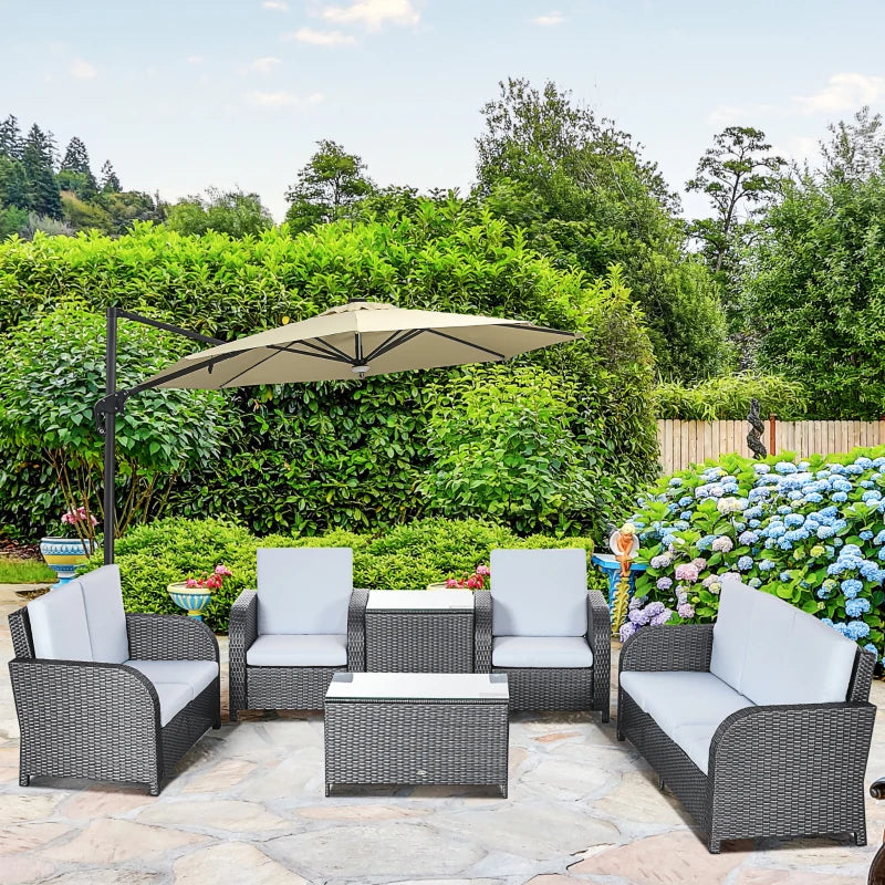 Grey 7 Seater Rattan Furniture Set with Wicker Sofa, Reclining Armchair and Glass Table