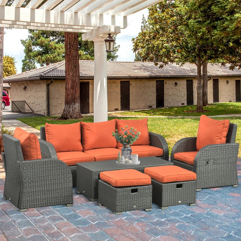 3-Seater Orange Cushioned Rattan Sofa With 2 Armchairs and 2 Footstools + Coffee Table