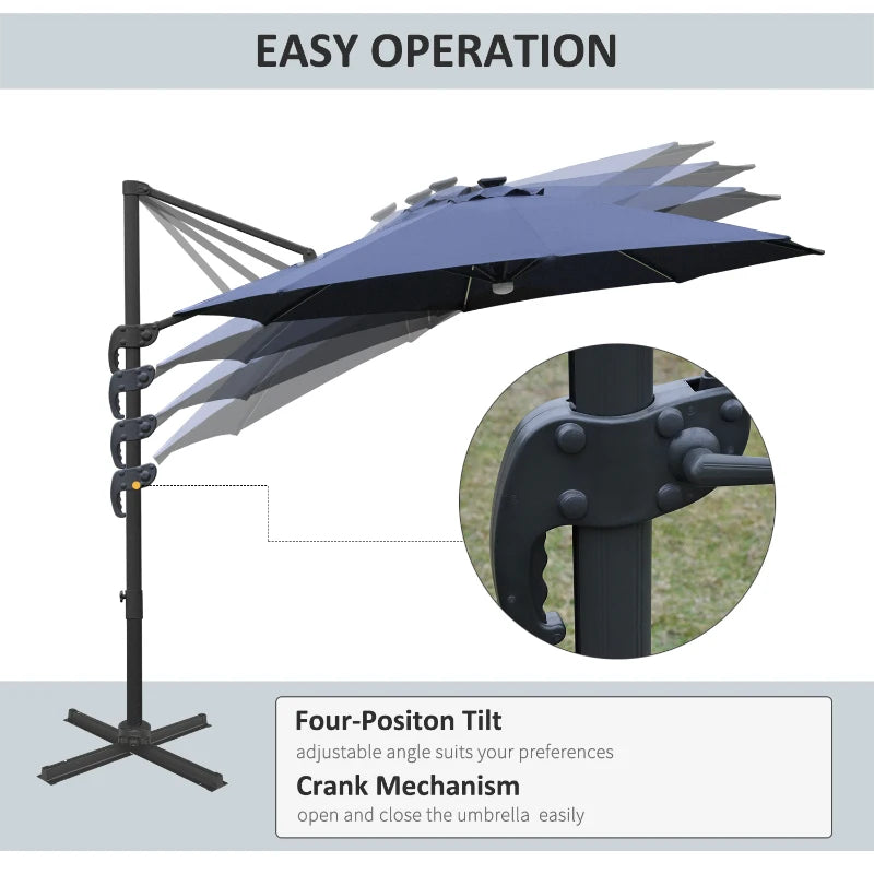 Blue 3m Cantilever Parasol With LED Lights & Aluminium Frame