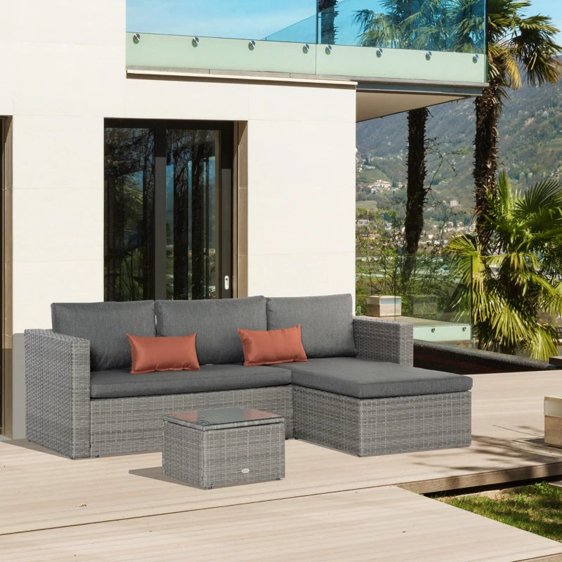 Grey L-Shaped 3 Seater Sofa With Grey Cushions and Glass Top Coffee Table