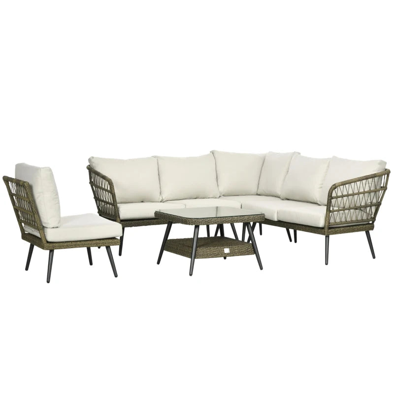 6-Seater Rattan Corner Sofa With Rounded Edges And Tempered Glass Two-tier Table
