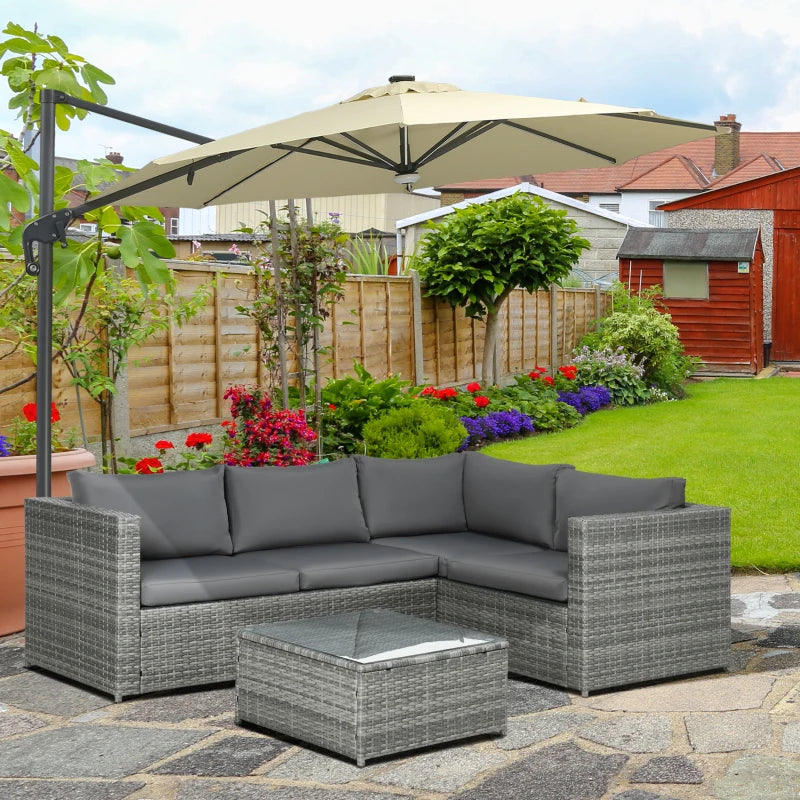 Grey 4 Seater Rattan Corner Sofa With Coffee Table and Thick Cushions
