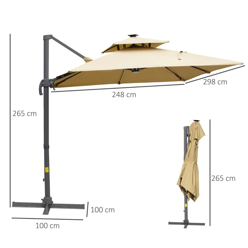 2.65H x 2.48m Khaki Tiered LED Adjustable Cantilever Parasol