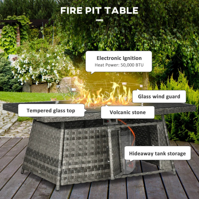 6 Seater Rattan Sofa With Fire Table - Grey
