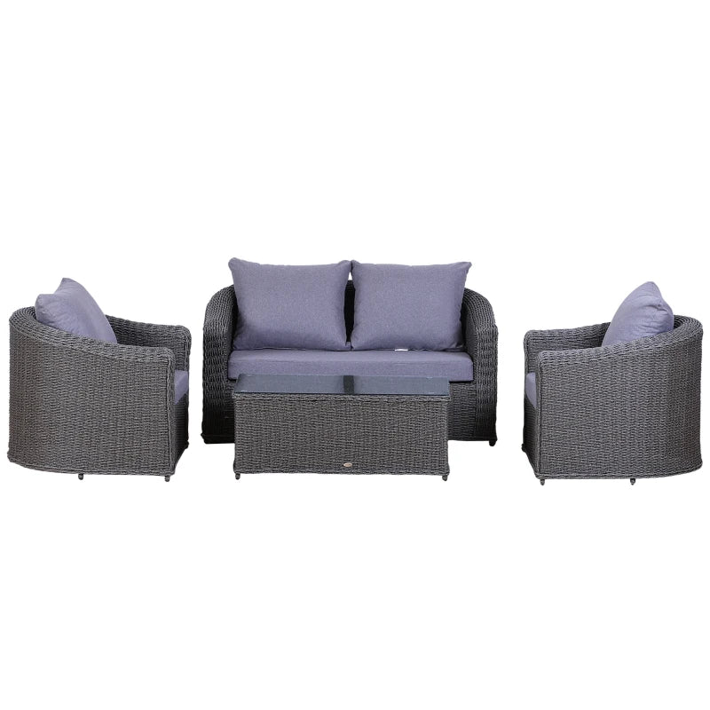 Grey Round Rattan Garden Furniture Set with Armchair, Loveseat & Glass Top Coffee Table