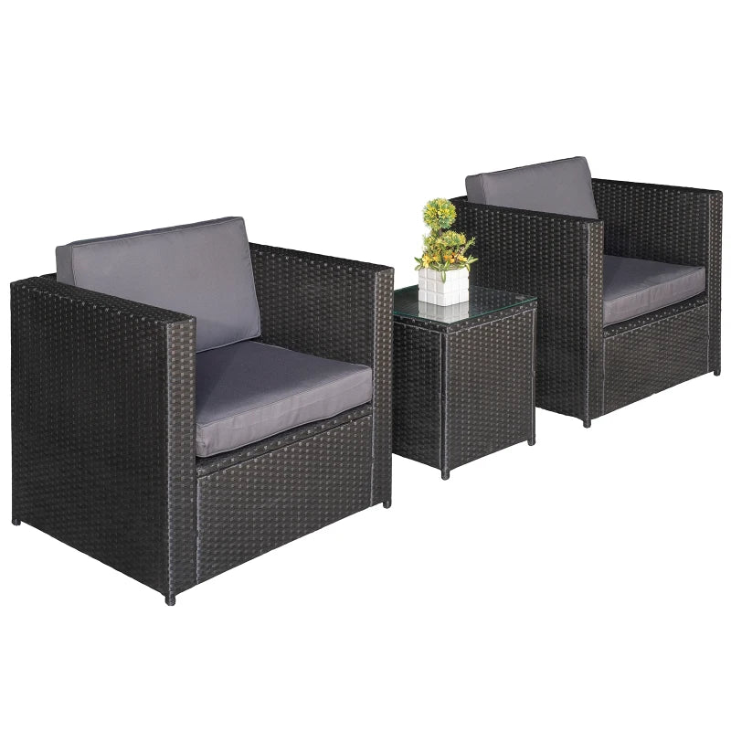 Black 3 Piece Rattan Bistro Set with 10cm Cushions