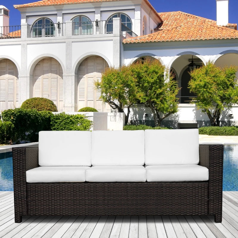 Dark Brown 3 Seater Rattan Sofa With White Cushions