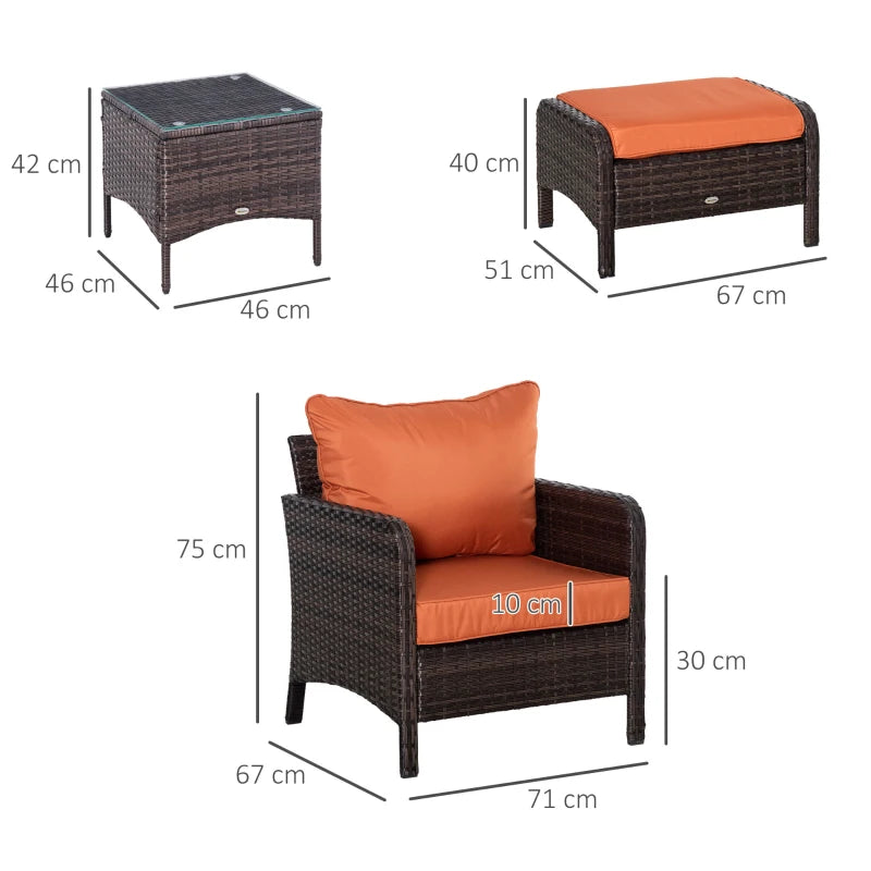 Brown 5 Piece Rattan Set With 2 Armchairs, 2 Stool and Glass Top Table - Orange Cushions