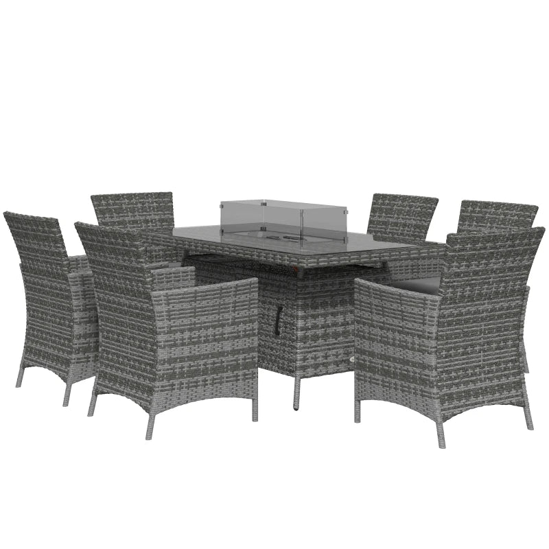 Grey 7 Piece Rattan Dining Set with Fire Pit Table, Armchairs and Cushions