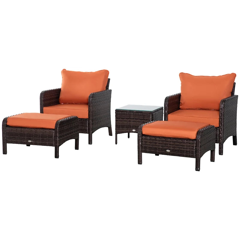 Brown 5 Piece Rattan Set With 2 Armchairs, 2 Stool and Glass Top Table - Orange Cushions