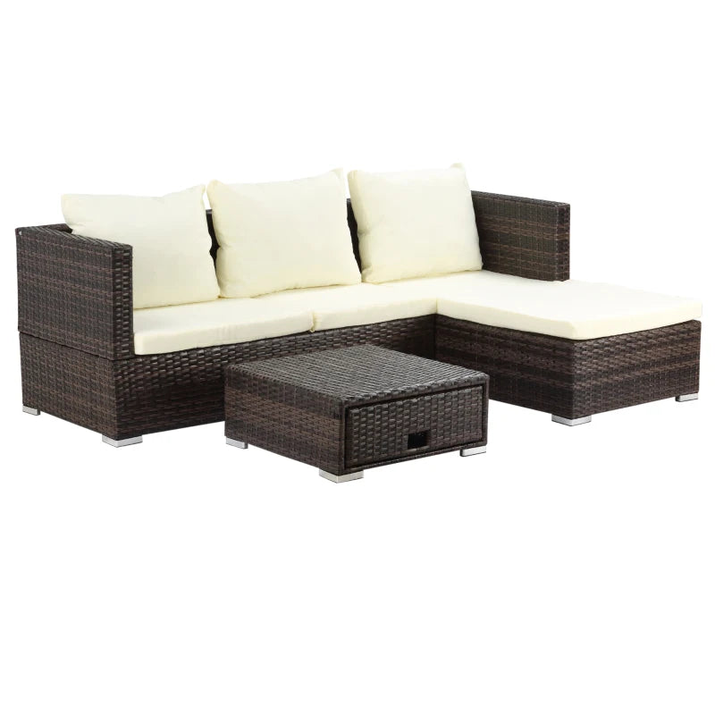 3 piece Rattan Furniture Set - 4 Seater Wicker Sofa With Cream Cushions and Footstall