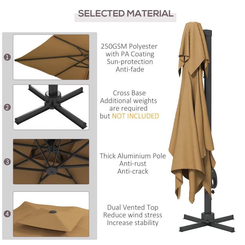 Khaki 3m Cantilever Parasol with Hydraulic Mechanism - Dual Vented