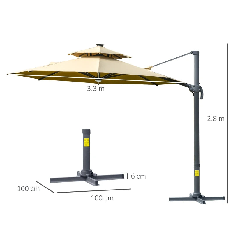 2.8H x 3.3m Khaki Cantilever Parasol With Solar Lights - 360° Rotation