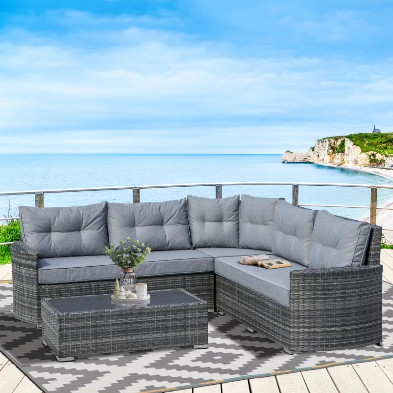 Grey 4 Seater Rattan Corner Sofa Set With Padded Cushions & Topper Coffee Table