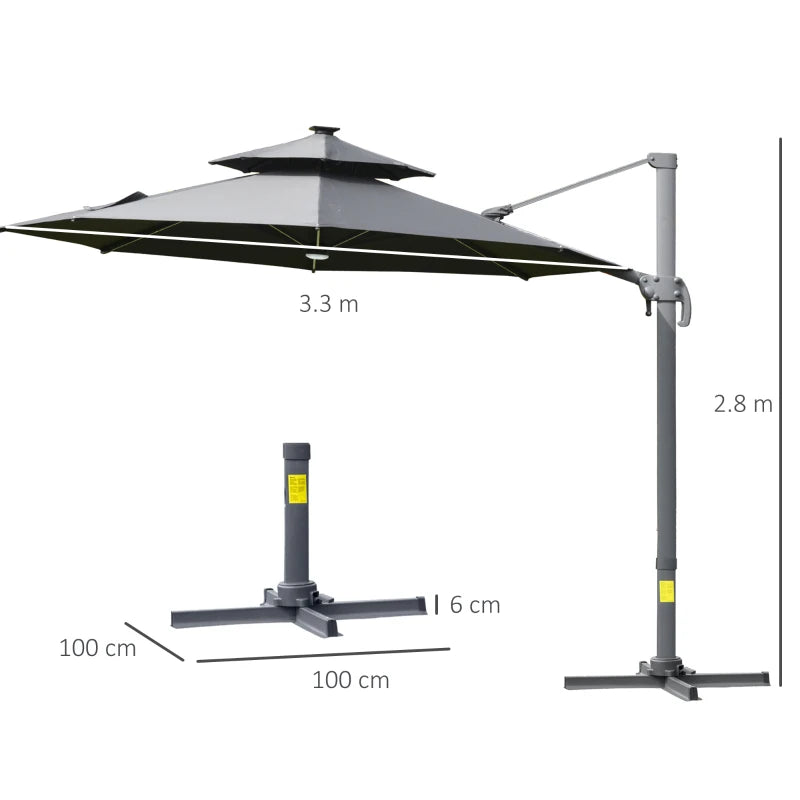 2.8H x 3.3m Dark Grey Cantilever Parasol With Solar Lights