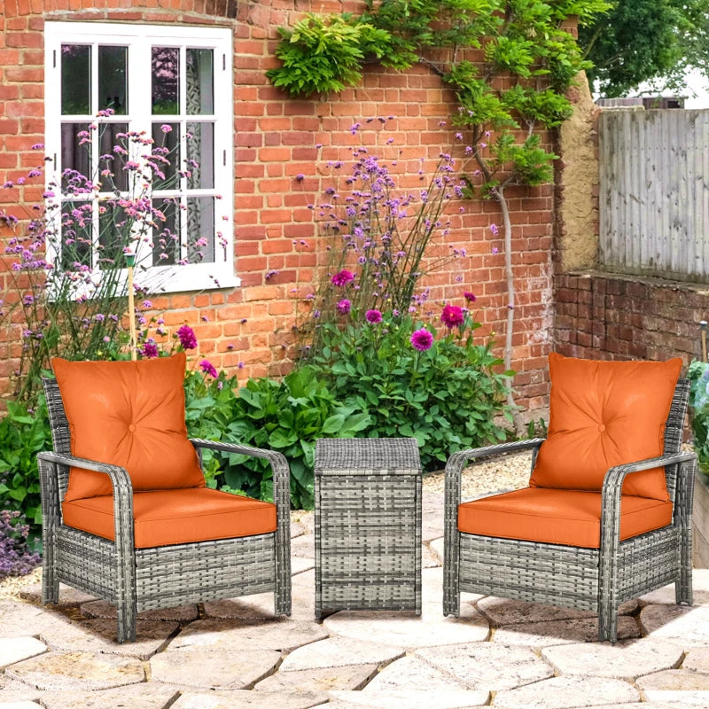 Mixed Grey Rattan Bistro Set With Orange Cushions and Storage Table