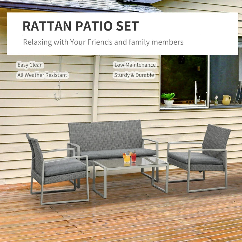 Dark Grey Single Rattan Sofa Arm Chairs and 1 Bench with Cushions & Coffee Table