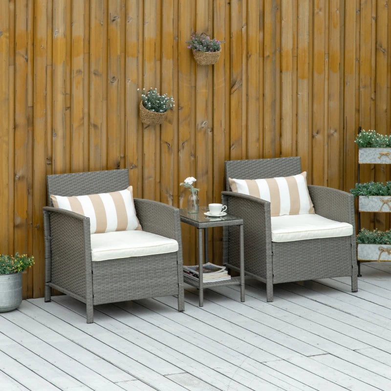 Light Grey Rattan Bistro Set With Cushions and Striped Pillows, Plus Glass Top Table