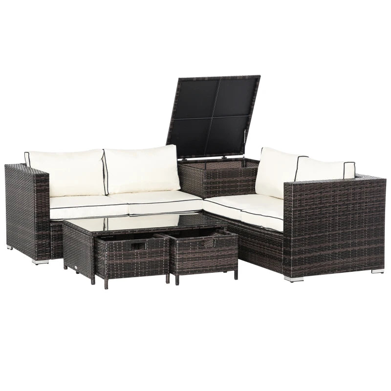 4 Seater Cream Wicker Sofas, Glass Top Table and Storage Unit