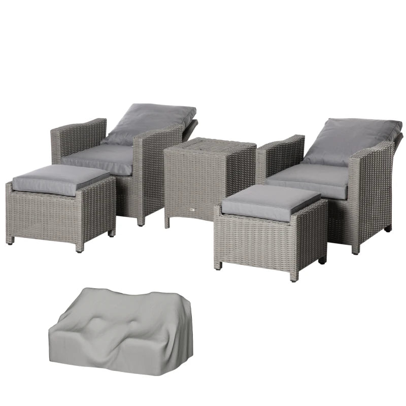 Grey Adjustable Rattan Chairs With x2 Footstools and Cooler Bar