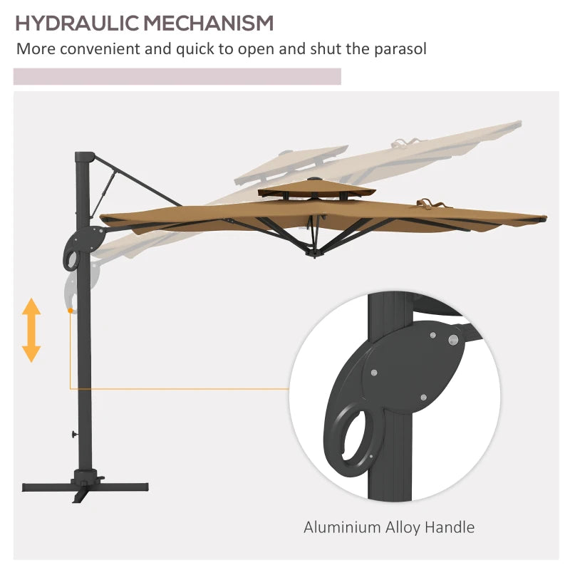 Khaki 3m Cantilever Parasol with Hydraulic Mechanism - Dual Vented