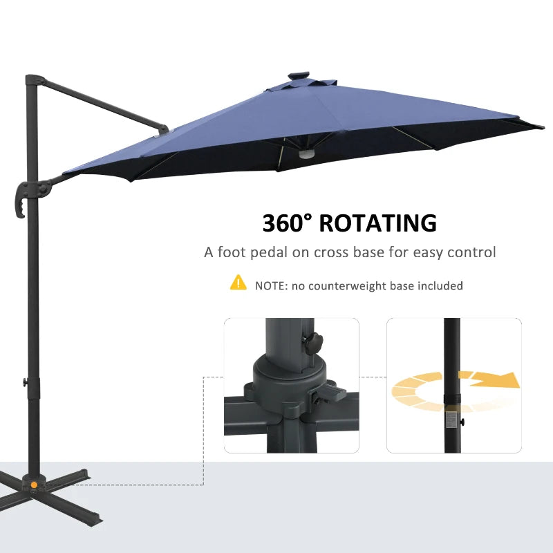 Blue 3m Cantilever Parasol With LED Lights & Aluminium Frame