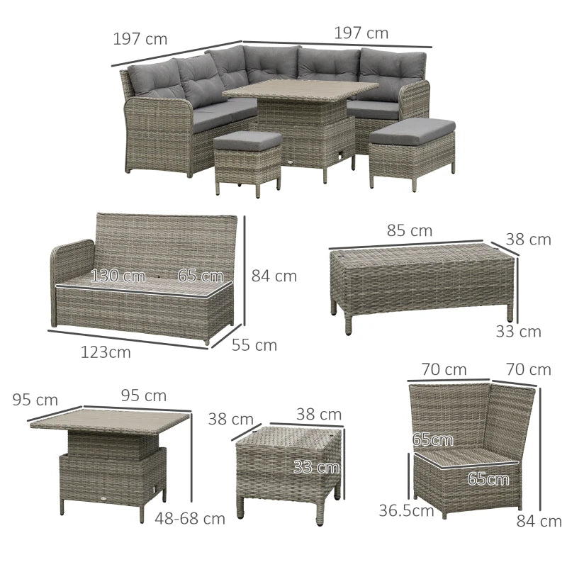 Grey 6 Piece Rattan Corner Sofa With Soft Padded Cushions & Liftable Coffee Table