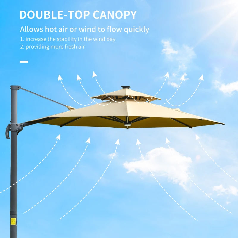 2.8H x 3.3m Khaki Cantilever Parasol With Solar Lights - 360° Rotation