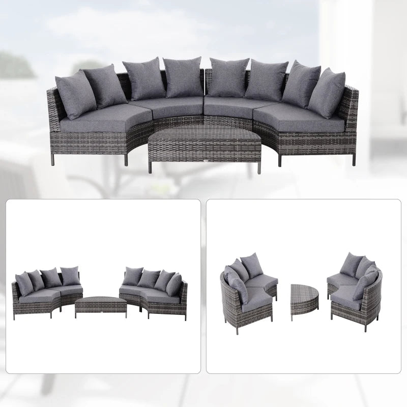 Grey4 Seater Half Round Rattan Sofa Set With Table