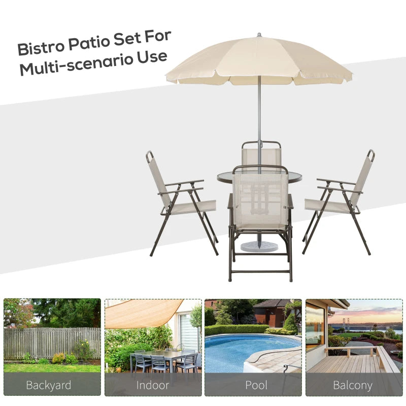 Cream 6 Piece Dining Set With Foldable Chairs & Parasol