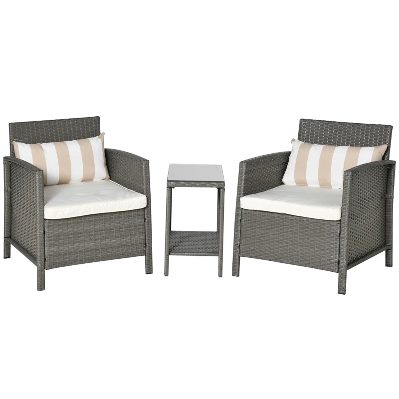 Light Grey Rattan Bistro Set With Cushions and Striped Pillows, Plus Glass Top Table