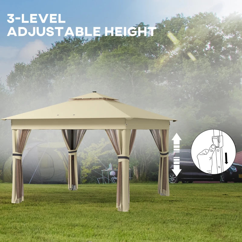 3m x 3m Khaki Pop Up Gazebo with Solar-Powered LED Lights