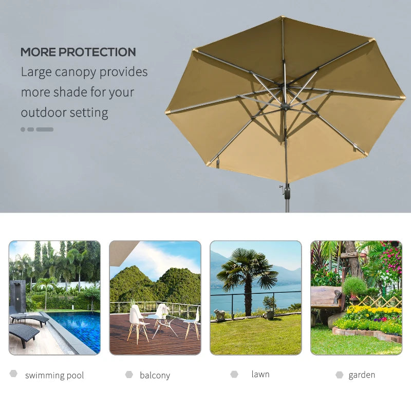 Khaki 3m Adjustable Parasol With LED Solar Lights