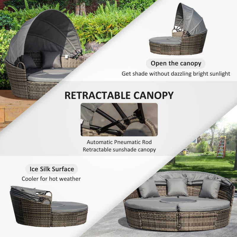 Dark Grey Round Rattan Daybed with Retractable Canopy and Coffee