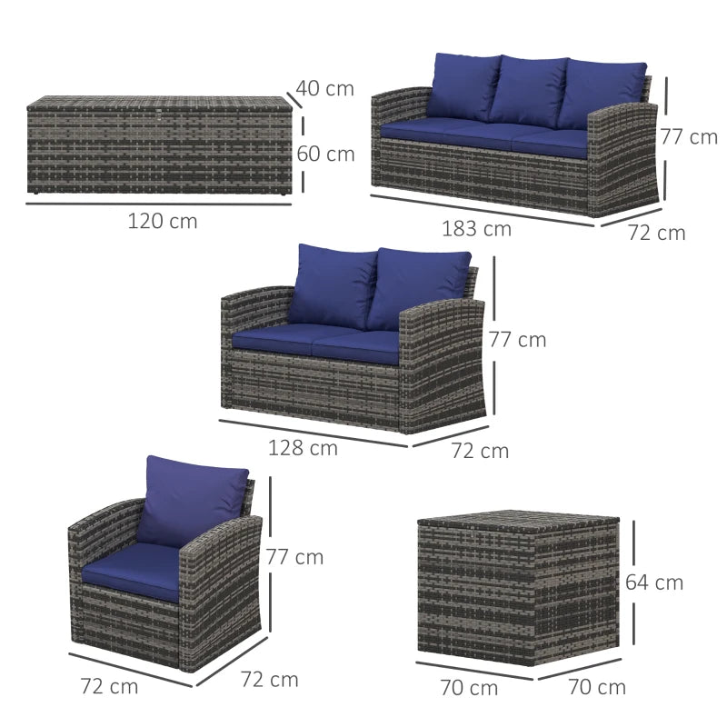 Navy 6 Piece Rattan Sofa Set With Storage Table