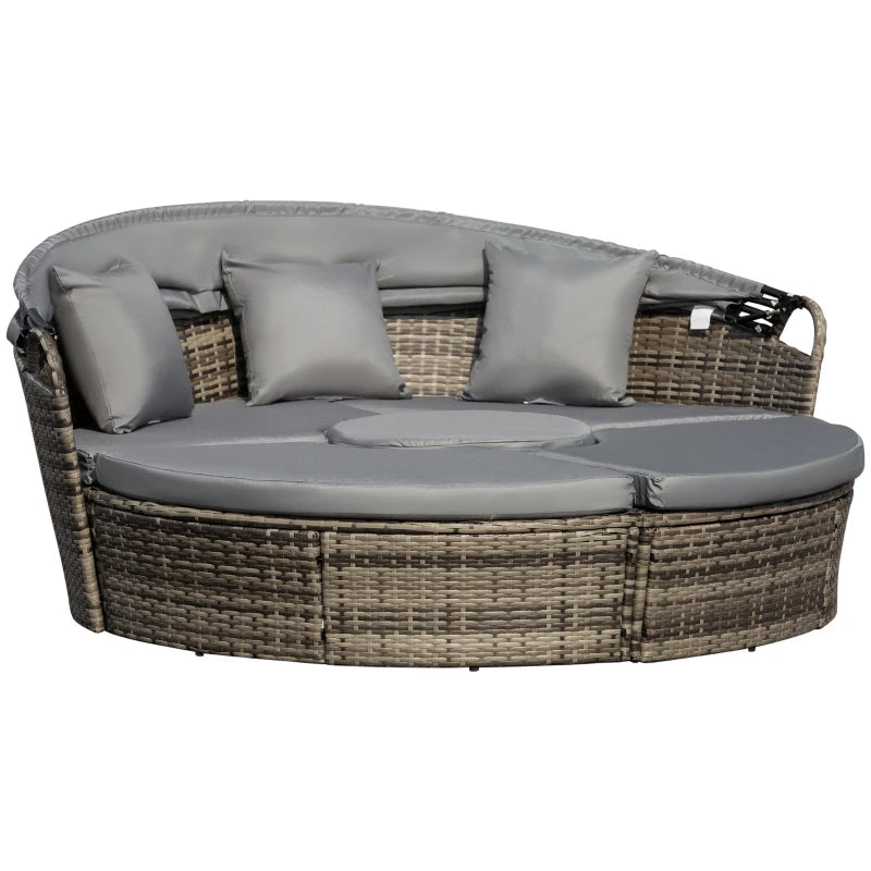 Dark Grey Round Rattan Daybed with Retractable Canopy and Coffee Table