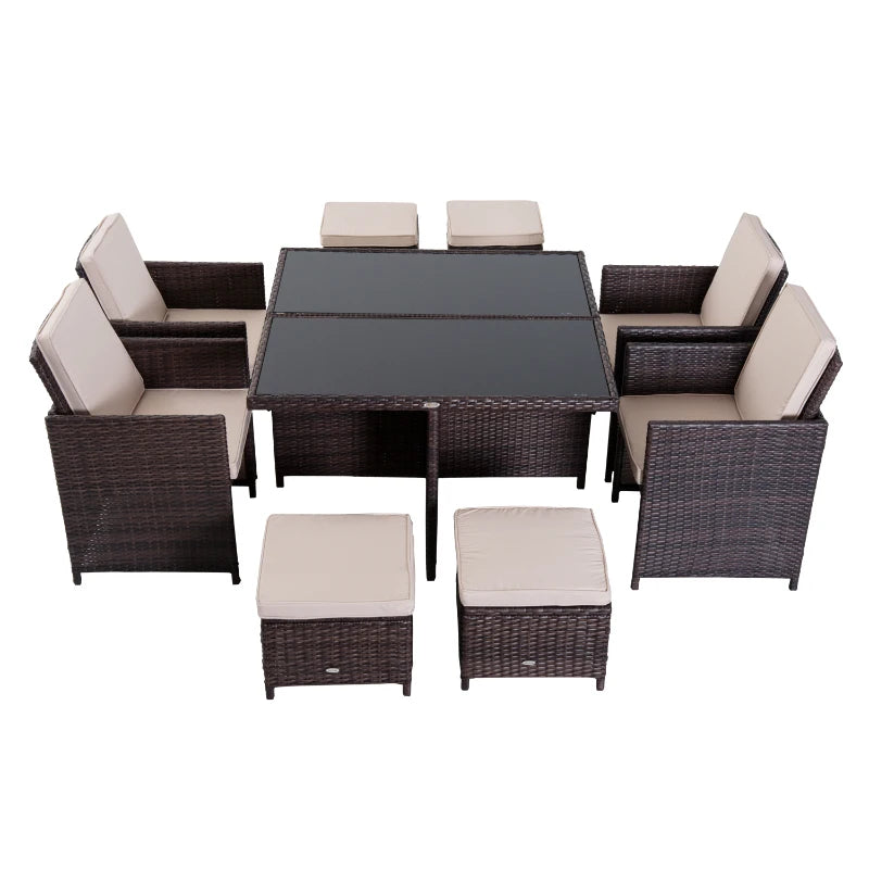Brown Rattan Dining Set With Light Coloured Cushions & Table