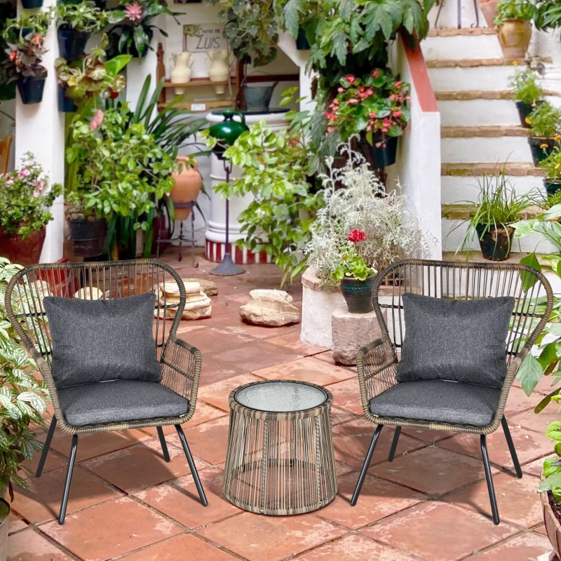 Grey 3 Rattan Dining Set - 2 with Chairs and Glass Coffee Table