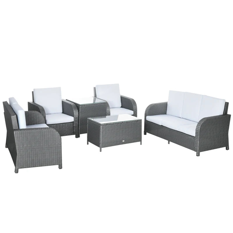 Grey 7 Seater Rattan Furniture Set with Wicker Sofa, Reclining Armchair and Glass Table