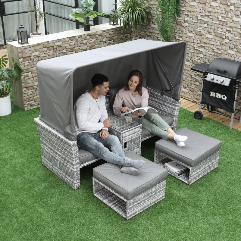 Grey 2-Seater Rattan Chairs With Coffee Table and Canopy